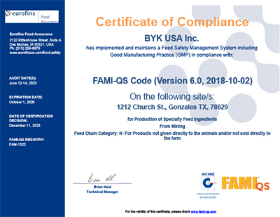 FAMI-QS V6.0 ISFSF Certificate-BYK USA Inc